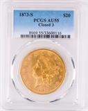 Lot #1, Coin 1873-S Liberty $20 Gold Double Eagle AU55
Beautiful rare date 1873-S (Closed 3) $20 Gold Double Eagle coin is professionally slabbed and graded by PCGS in "About Uncirculated 55 – Closed 3” condition. San Francisco mintage of 1,040,600. Made of 90% Gold, 10% Copper, 33.40g or 1.074 troy ounces of gold. This is the Motto above Eagle/ value “Twenty D.” variety. From the internet: "Born out of the California gold rush, the gold $20 Liberty Eagle coin is by far the largest circulating gold coin in American history. Since the U.S. Treasury was receiving so much gold from the frontier, they needed to mint larger coins to use the metals they had on hand, which Congress authorized in 1849." No Sales Tax on Coins, Currency, or Bullion. Tag Words: Numismatics, Coins, Currency, Money, Collectable, Investment, Financial, Retirement