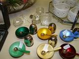 Silver and enamel salt dish, spoon and peppers