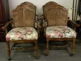 4ct Wicker/Wooden Arm Chairs on Wheels w/Floral Cushions
