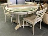 White Round Wooden Table w/3ct Matching Chairs and Round Glass Top
