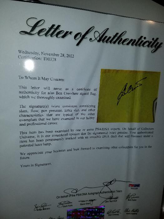 Ben Crenshaw Signed Flag and Letter