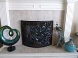 Peacock fireplace screen, turquoise pottery, peacock metal art