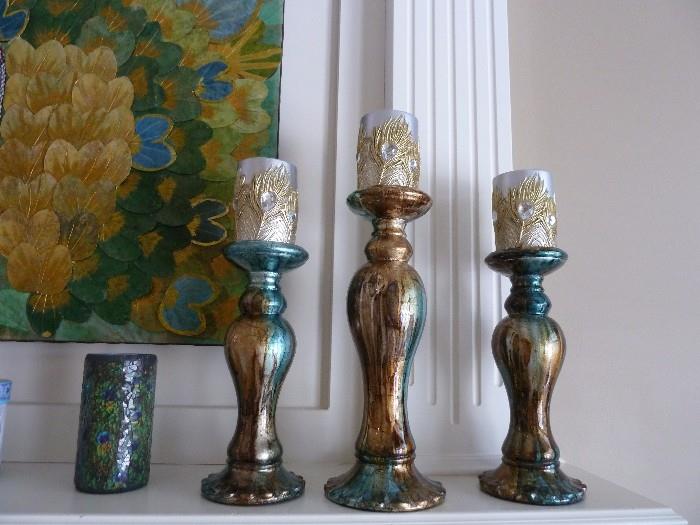 Turqoise and bronze candle stick holders set of 3, Peacock glass candle holder