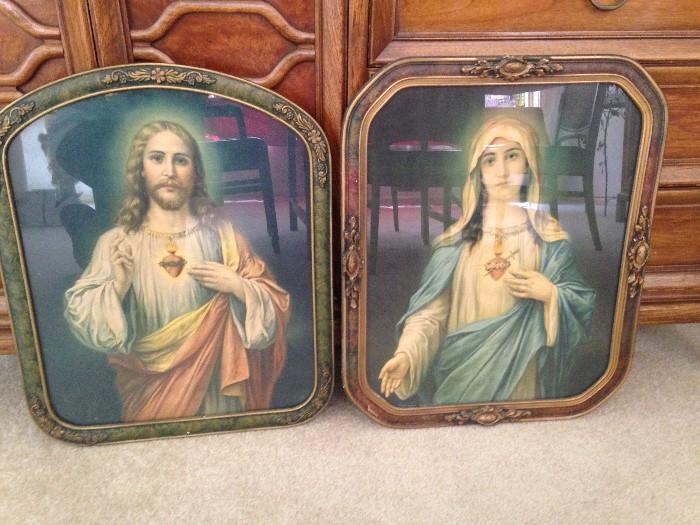 vintage pictures of the Sacred Heart of Jesus and the Most Blessed Virgin Mary