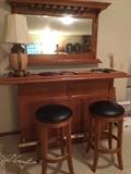 Bar, bar stools, wall mirror & lamp