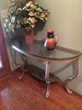 Entry way glass-top table, flowers and pitcher