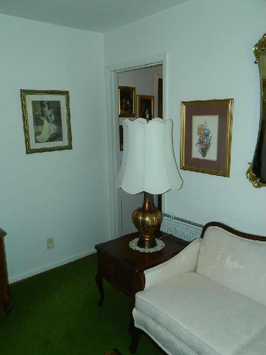Several Prints, End Table & Lamp