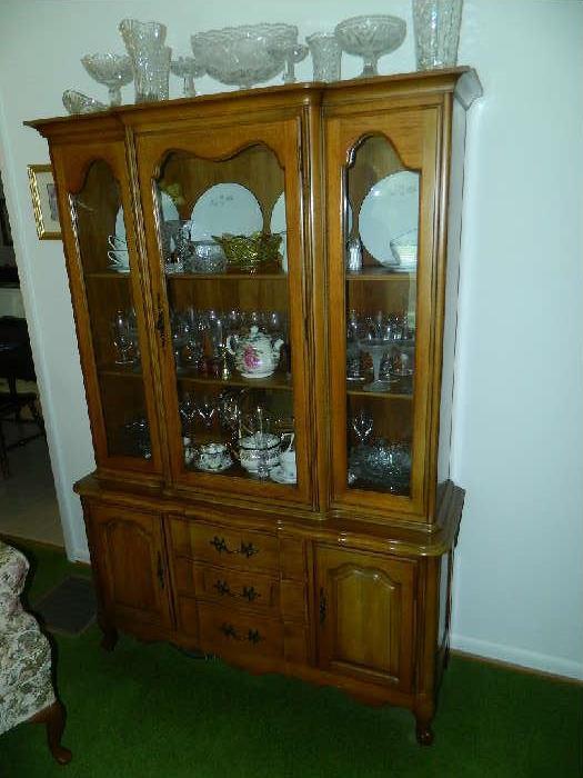 French Provincial China Cabinet Filled With Beautiful  Crystal & China