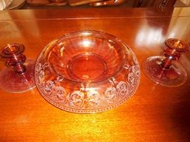 Amber Depression Flower Bowl, Candlesticks Sold as PAIR