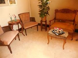 Vintage Mahogany Arm Chairs, Antique East Lake Hand Carved Settee ,Occasional Hand Carved Occasional table, Vintage Hand Carved Stool