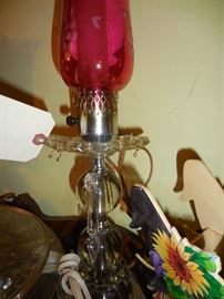 Pair of Cranberry Lamps, Prisms are inside Shade..wrapped.