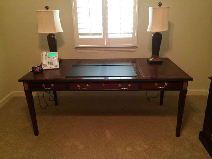 wonderful council desk with leather top, 750.00 pair of black lamps 150.00