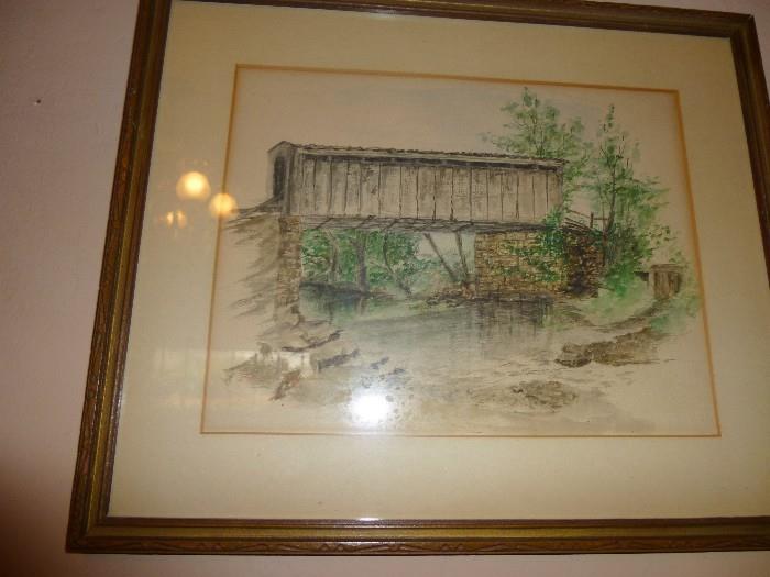 Water Color of Bridge the Morgan Raiders Crossed in 1863 with Provenance 