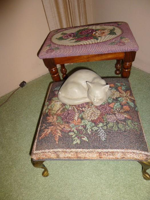 Foot Stool Ottomans and Ceramic Cat