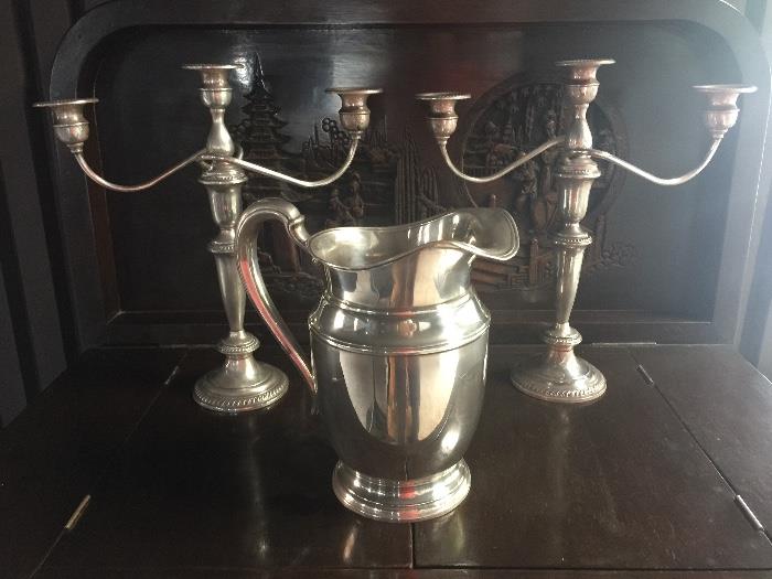 Sterling Empire candelabras and large sterling water pitcher