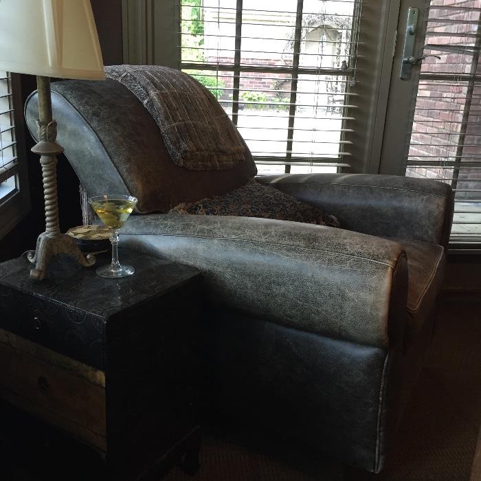 Distressed Leather Club Chair (gray) with matching ottoman