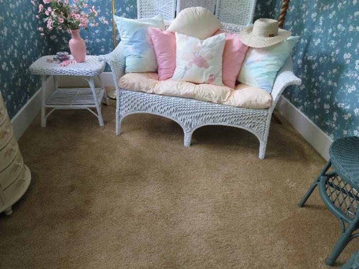 Wicker Loveseat and White Wicker Side Stand