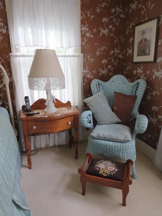 Keepsakes by Pulaksi Bedside Stand w Bow Front, Painted Wing Back Wicker Chair and Foot Stool 