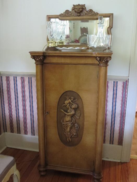 Super Silver or Jewelry Chest made from Music Stand, Wonderful Carved Detail w Lady w Wings and Cherub and Lion on Top of Mirror