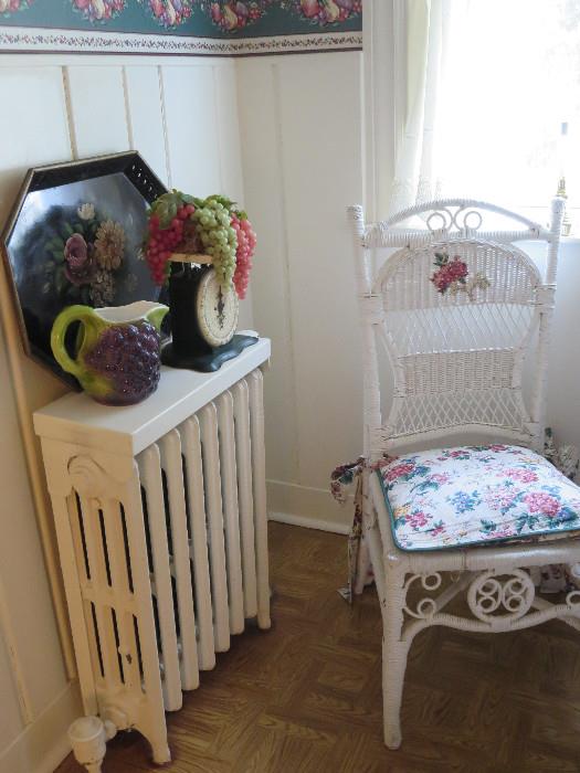 Fancy White Painted Wicker Chair w Florals 