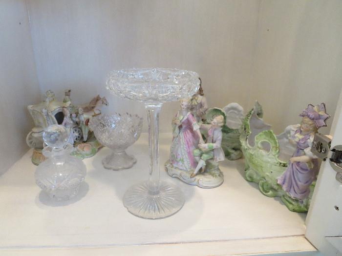 Cut Glass Stand Compote as found, Occupied Japan Figurines 
