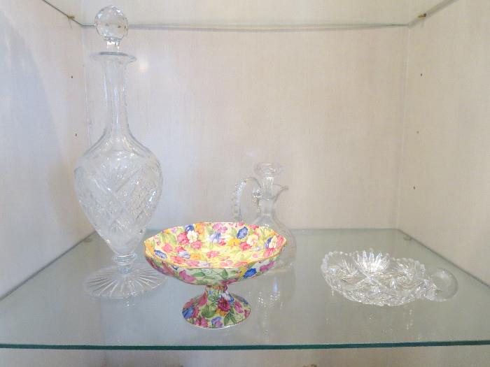 Cut Glass Decanter, Cruet, Nappy, and Chintz Footed Compote 