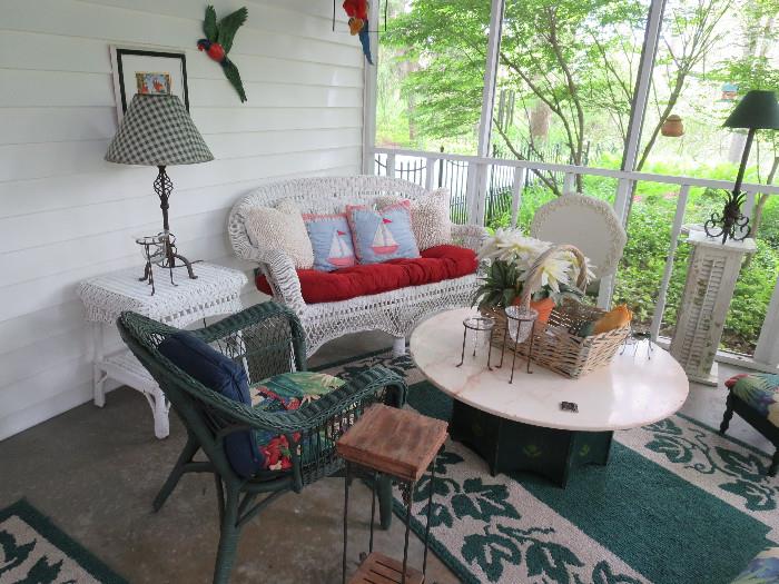 Wicker Love Seat, Marble Top Coffee Table, Green Painted Wicker Chair