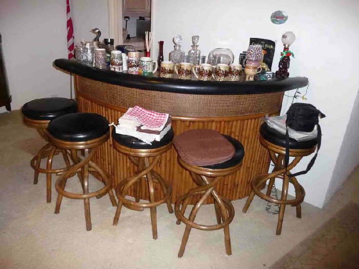 Vintage bamboo Tiki bar and barstools