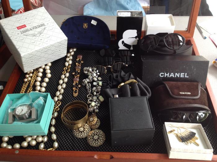 Tiffany and Co clock, Chanel sunglasses, Tom Ford, karl Langerfeld, zadig and voltaire, gossen earings
