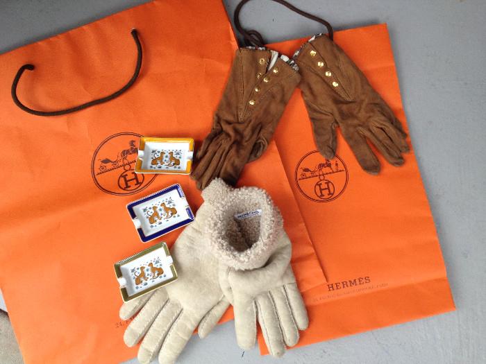 Hermes china cigarette trays, Hermes silk and suede gloves