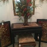 Exquisite entry/side table with marble top; pair of black, red, and gold Asian panels