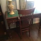 Antique writing desk and chair; framed Asian silk panels