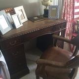 7-drawer desk (leather top); leather office chair