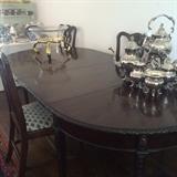 Another antique dining table (can be made into two demilune tables); a 2nd silver plate tea service