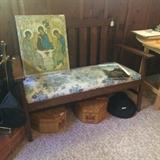 Antique bench; vintage hat boxes