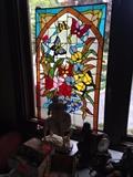 stained glass, butterflies, flowers