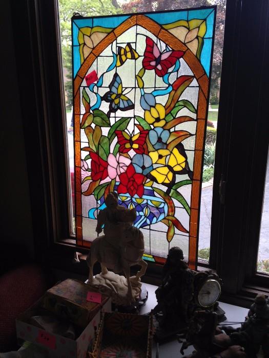 stained glass, butterflies, flowers