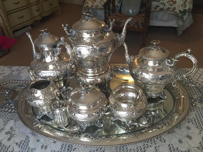 Gorgeous Sterling coffee and tea service by William H. Haseler with 800 silver tray.