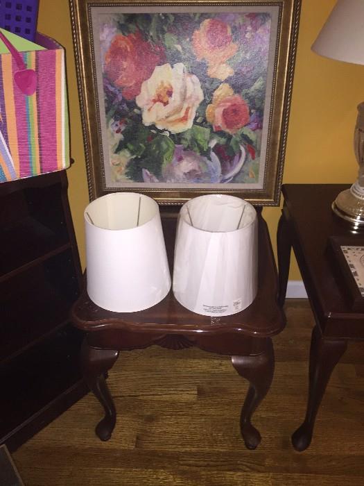 Painting; 2 lamp shades; cherry end table with carved design on front and Queen Anne legs