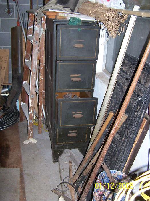 vintage wood File Cabinet, Ladder, more Lawn Tools & misc.        - Downstairs items