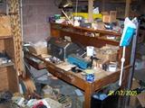 Desk to have come from a Railroad Station, and misc. Tool Box, and boxes of stuff, very large section of Braided wire   - Downstairs items