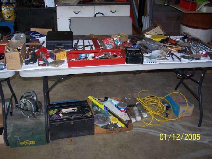 Hand Tool Boxes, hand Tools  & misc. - Notice items under the table  - Downstairs items