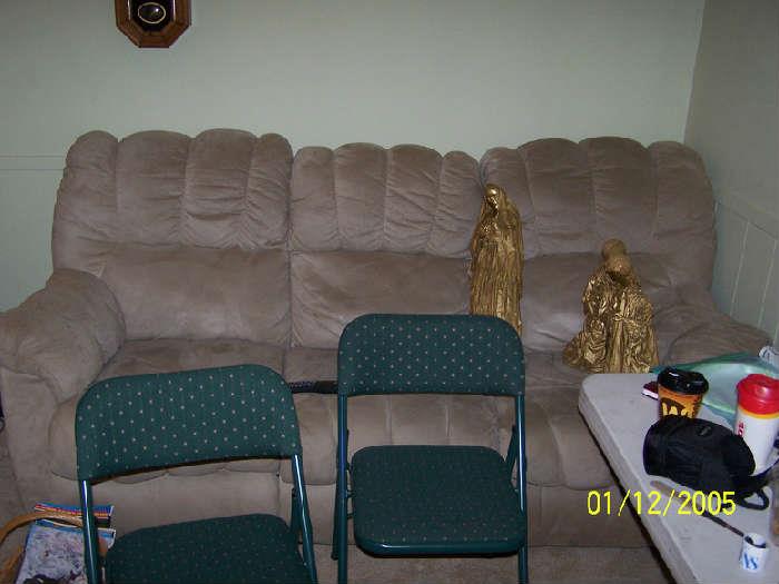 Beige Sofa with double end Recliners and matching Recliner Chair (not shown)  - Upstairs items