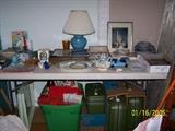 vintage Luggage, Glassware, vintage Avon Cosmetic Bottle and Jars, Perfumes, 2 small Crystal Base Dresser Lamps (not shown), Christmas items & misc.  - Upstairs item