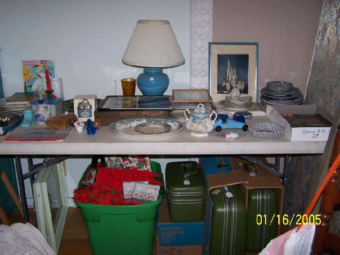 vintage Luggage, Glassware, vintage Avon Cosmetic Bottle and Jars, Perfumes, 2 small Crystal Base Dresser Lamps (not shown), Christmas items & misc.  - Upstairs item