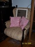 upholstered Chair, Pink Satin Pillows, sm. Mirror  - Upstairs items