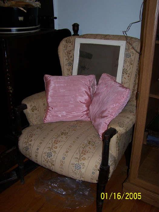 upholstered Chair, Pink Satin Pillows, sm. Mirror  - Upstairs items