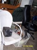 2 vintage white Metal Lawn Chairs, Office Chair, square vintage aluminum Tub w/several other vintage Buckets and Pots in it  - Downstairs items 