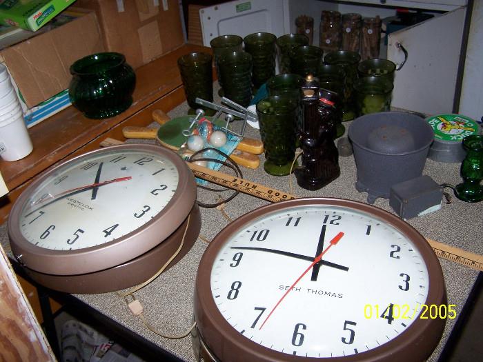(hard to see) Green Goblets, 4 Seth Thomas (out of stations) Clocks  - Downstairs items