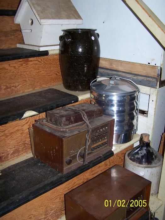 more vintage Radios, Crocks, Bird Houses  - Downstairs items